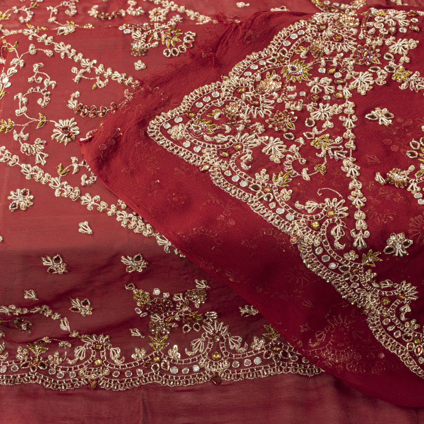 Sanskriti Vintage Red Pure Georgette Silk Dupatta/Stole Hand Embroidery Zardozi