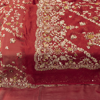 Sanskriti Vintage Red Pure Georgette Silk Dupatta/Stole Hand Embroidery Zardozi