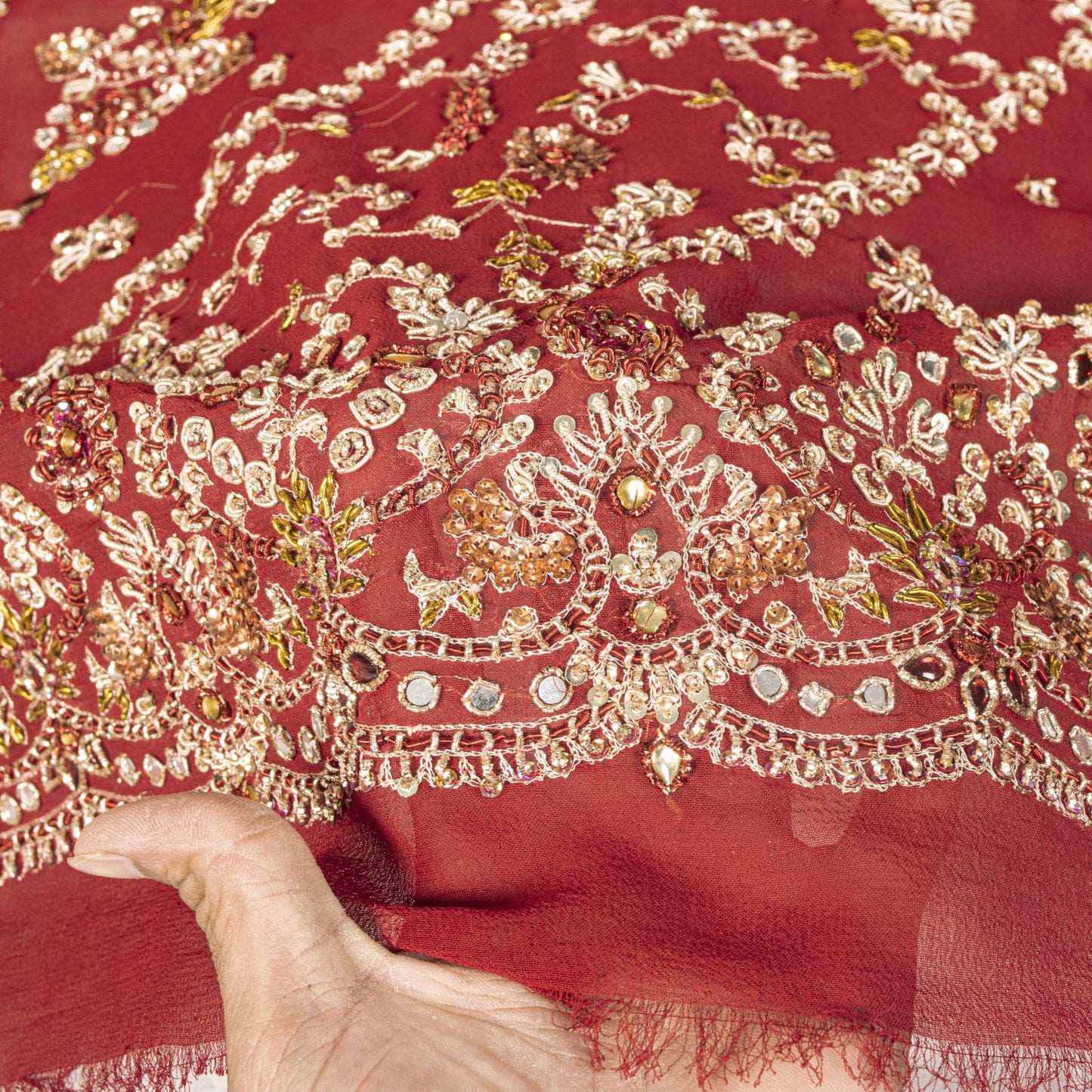 Sanskriti Vintage Red Pure Georgette Silk Dupatta/Stole Hand Embroidery Zardozi