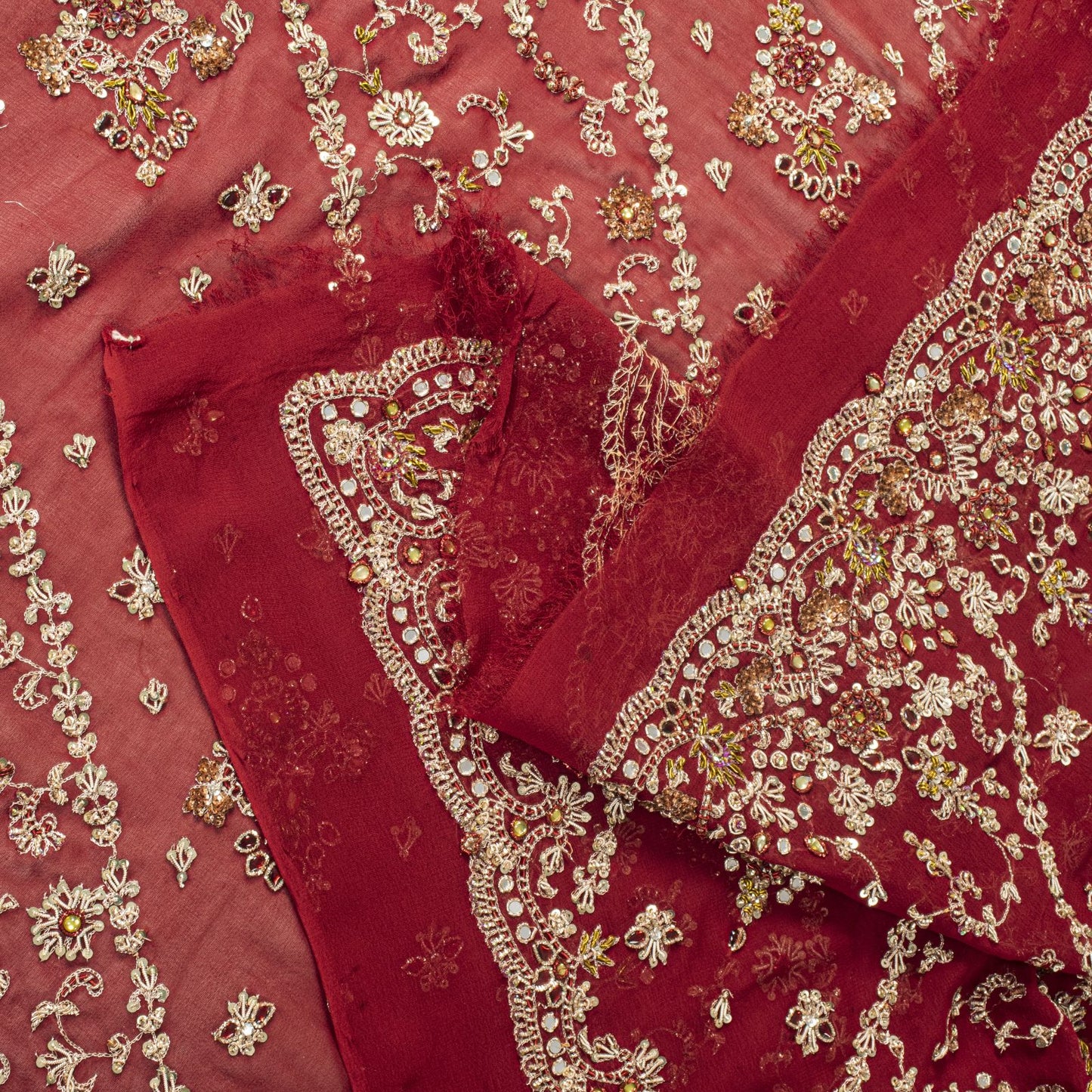Sanskriti Vintage Red Pure Georgette Silk Dupatta/Stole Hand Embroidery Zardozi
