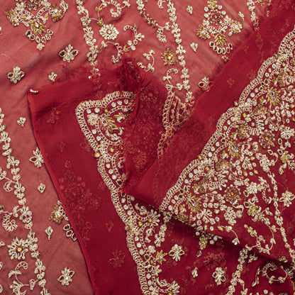 Sanskriti Vintage Red Pure Georgette Silk Dupatta/Stole Hand Embroidery Zardozi