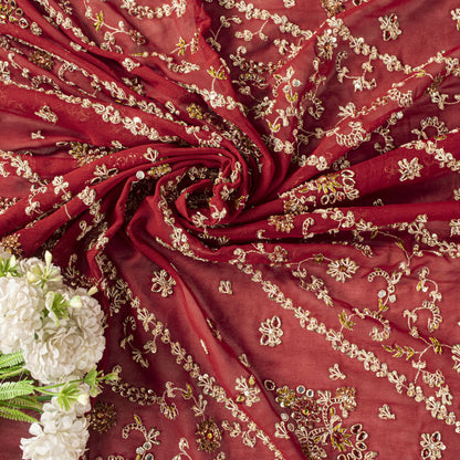 Sanskriti Vintage Red Pure Georgette Silk Dupatta/Stole Hand Embroidery Zardozi