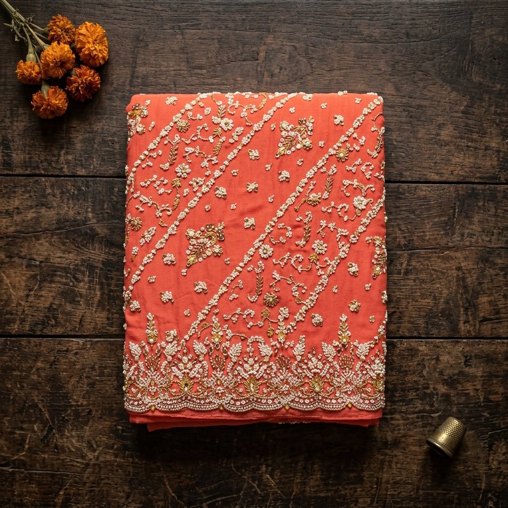 Sanskriti Vintage Red Pure Georgette Silk Dupatta/Stole Hand Embroidery Zardozi