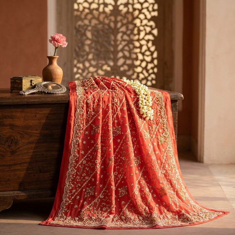 Sanskriti Vintage Red Pure Georgette Silk Dupatta/Stole Hand Embroidery Zardozi