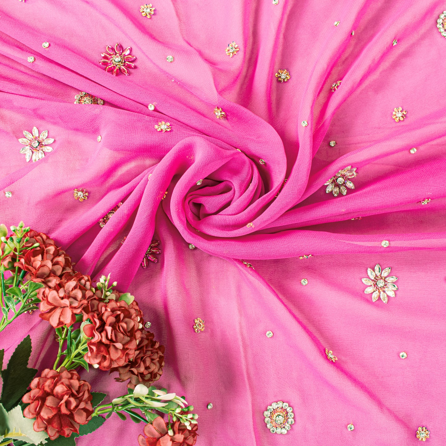 Sanskriti Vintage Pink Pure Georgette Dupatta/Stole Hand Embroidery Zardozi Veil