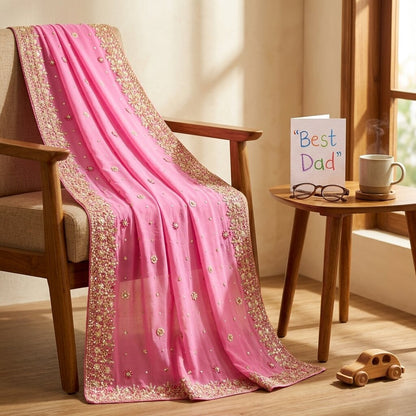 Sanskriti Vintage Pink Pure Georgette Dupatta/Stole Hand Embroidery Zardozi Veil