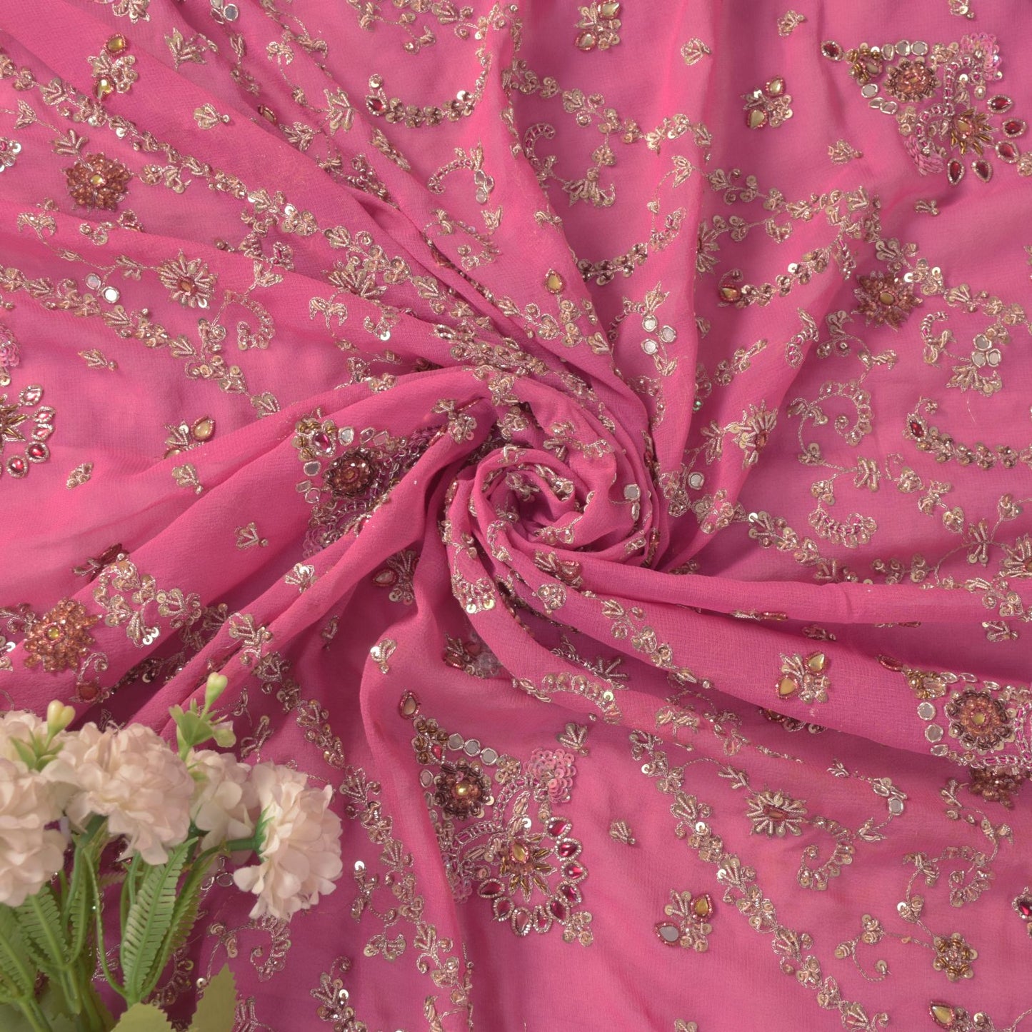 Sanskriti Vintage Pink Pure Georgette Silk Dupatta/Stole Hand Embroidery Zardozi