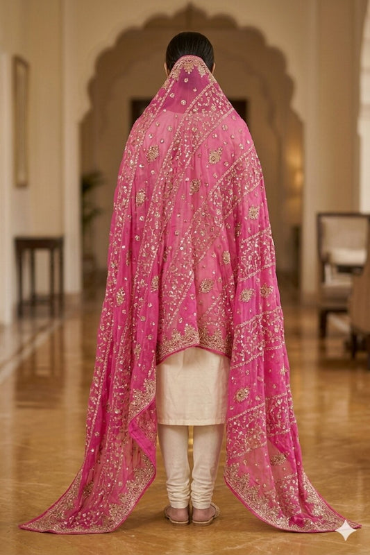 Sanskriti Vintage Pink Pure Georgette Silk Dupatta/Stole Hand Embroidery Zardozi