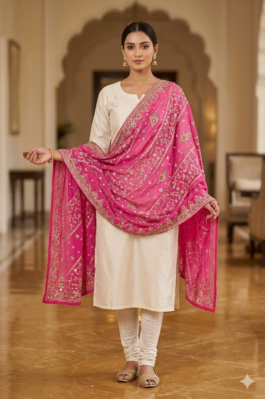 Sanskriti Vintage Pink Pure Georgette Silk Dupatta/Stole Hand Embroidery Zardozi