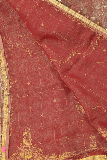 Sanskriti Vintage Red Tissue Silk Dupatta/Stole Hand Embroidery Zardozi Dabka