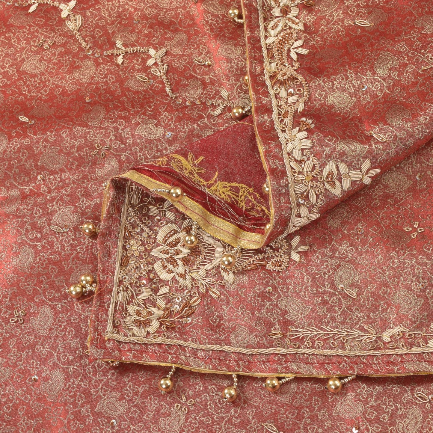 Sanskriti Vintage Red Tissue Silk Dupatta/Stole Hand Embroidery Zardozi Dabka