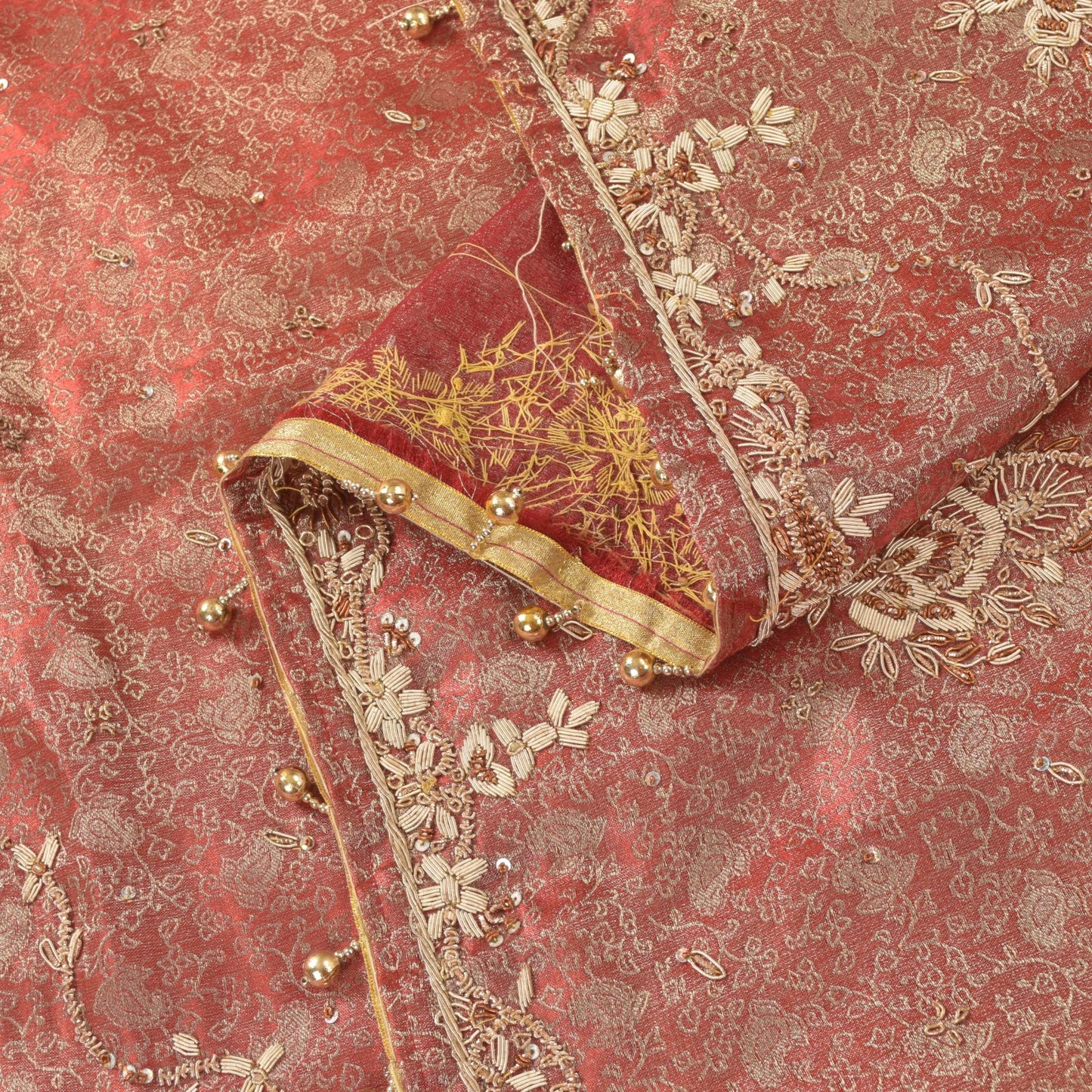 Sanskriti Vintage Red Tissue Silk Dupatta/Stole Hand Embroidery Zardozi Dabka