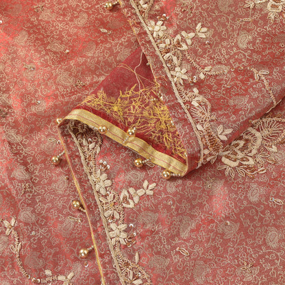 Sanskriti Vintage Red Tissue Silk Dupatta/Stole Hand Embroidery Zardozi Dabka