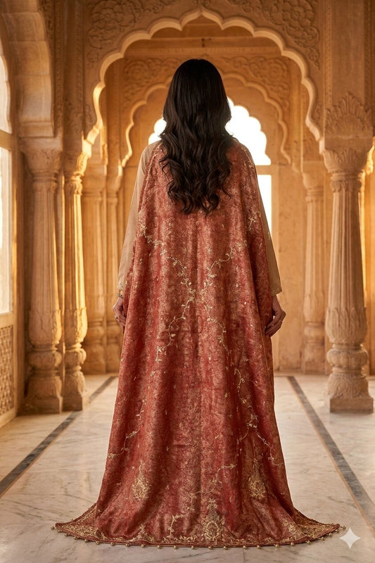 Sanskriti Vintage Red Tissue Silk Dupatta/Stole Hand Embroidery Zardozi Dabka
