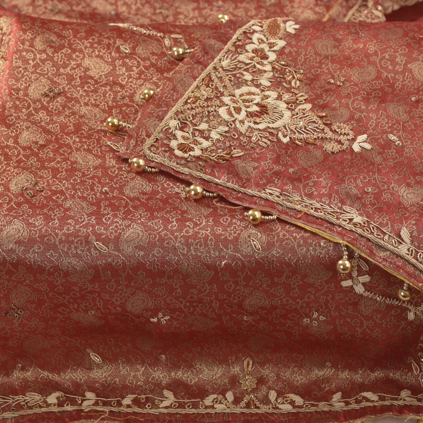 Sanskriti Vintage Red Tissue Silk Dupatta/Stole Hand Embroidery Zardozi Dabka