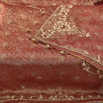 Sanskriti Vintage Red Tissue Silk Dupatta/Stole Hand Embroidery Zardozi Dabka