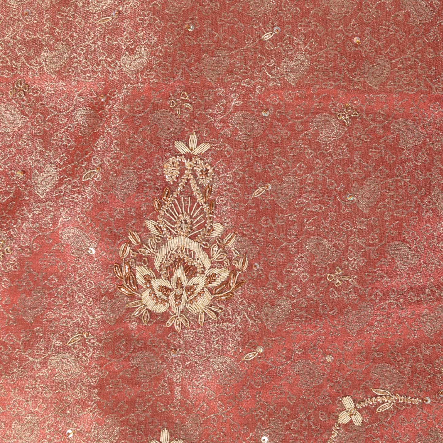 Sanskriti Vintage Red Tissue Silk Dupatta/Stole Hand Embroidery Zardozi Dabka