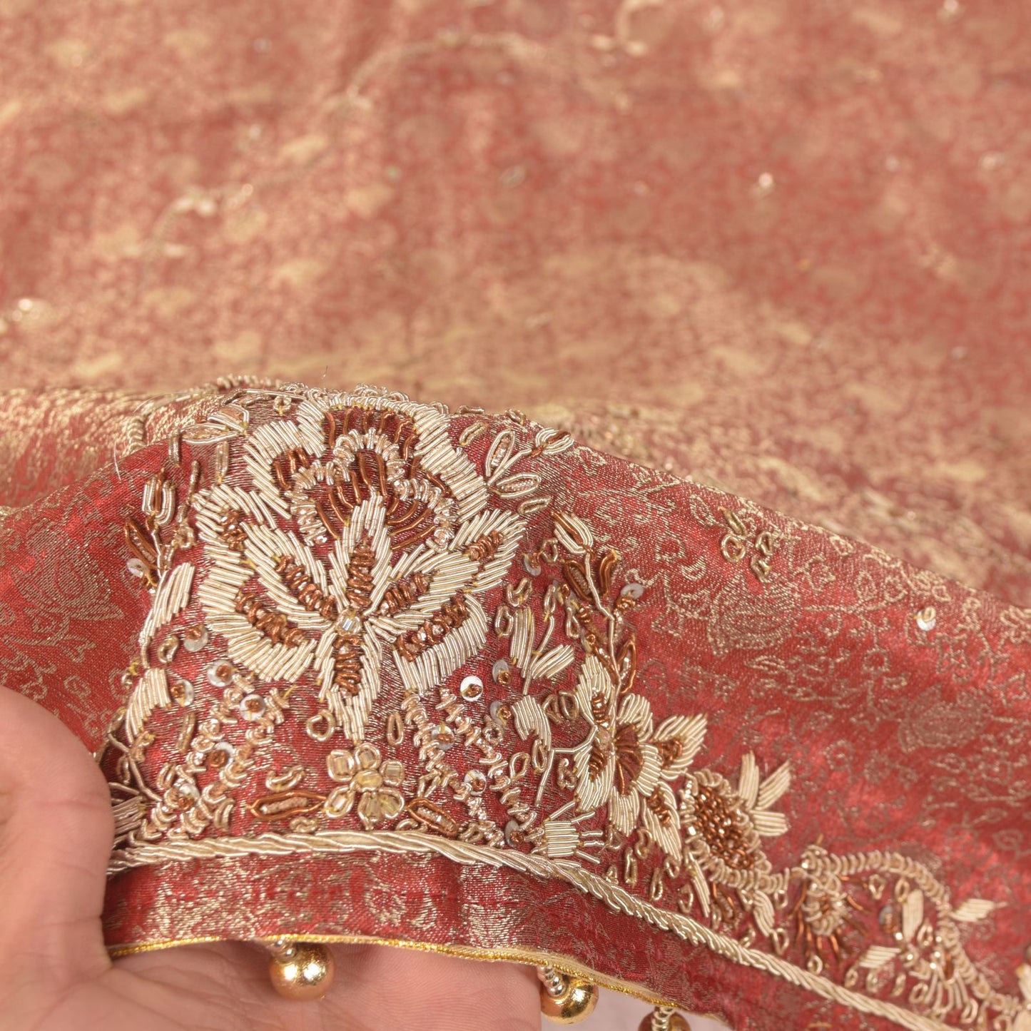 Sanskriti Vintage Red Tissue Silk Dupatta/Stole Hand Embroidery Zardozi Dabka