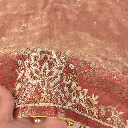 Sanskriti Vintage Red Tissue Silk Dupatta/Stole Hand Embroidery Zardozi Dabka