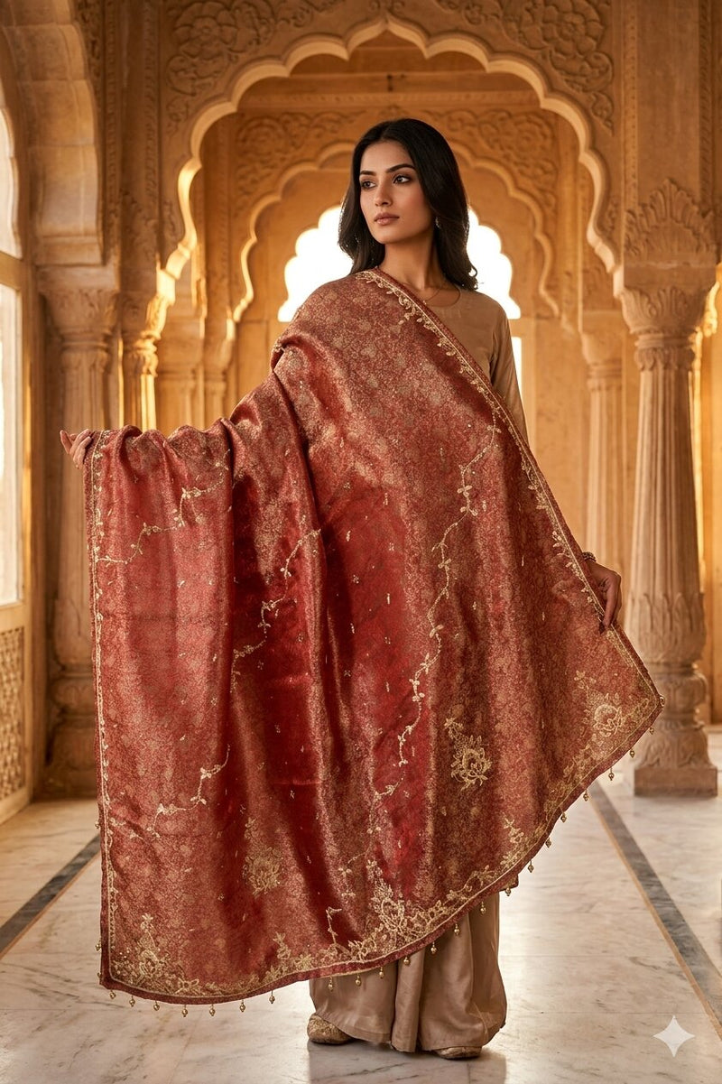 Sanskriti Vintage Red Tissue Silk Dupatta/Stole Hand Embroidery Zardozi Dabka