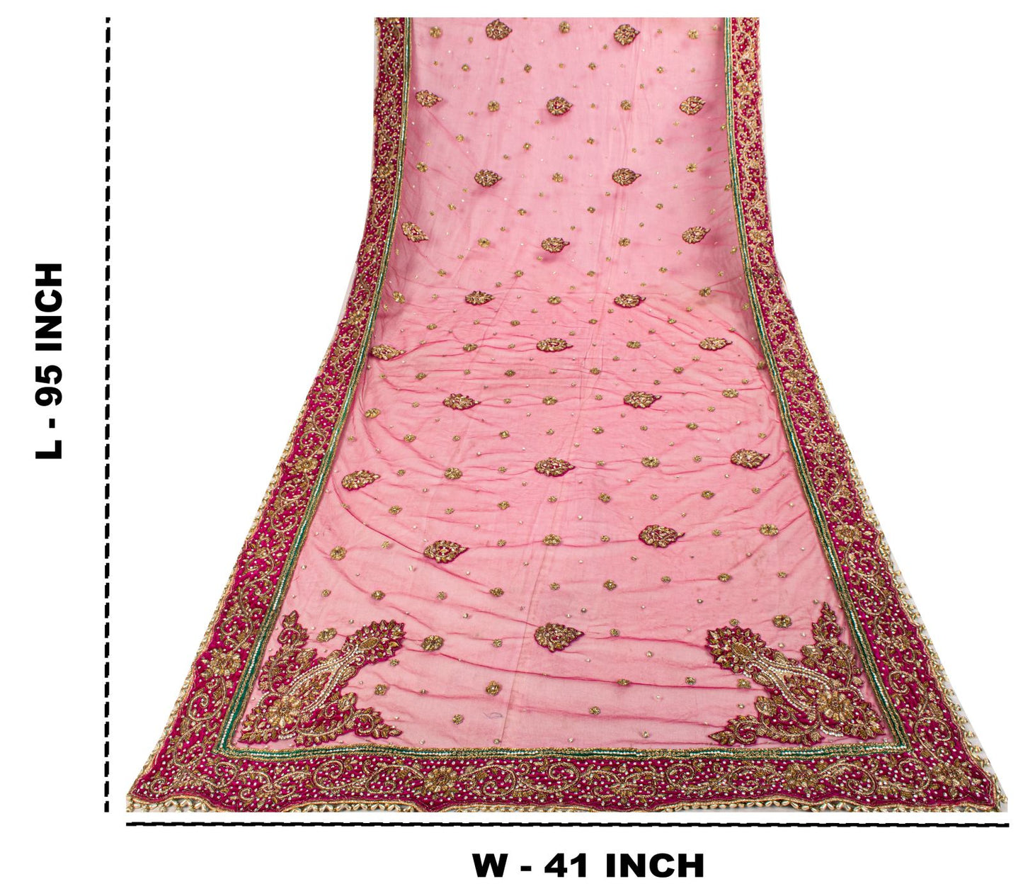 Sanskriti Vintage Pink Net Dupatta/Stole Hand Embroidery Zardozi Dabka Neck Veil