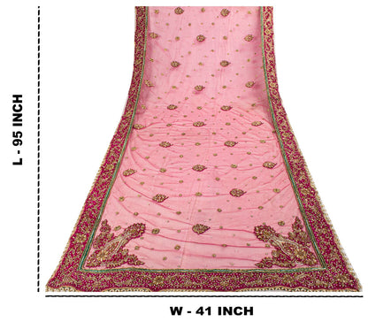 Sanskriti Vintage Pink Net Dupatta/Stole Hand Embroidery Zardozi Dabka Neck Veil