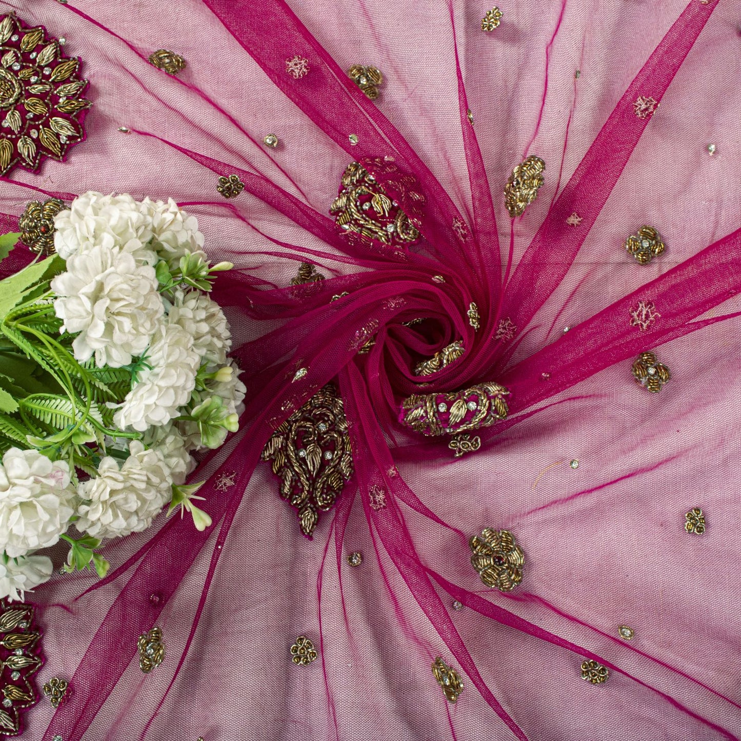 Sanskriti Vintage Pink Net Dupatta/Stole Hand Embroidery Zardozi Dabka Neck Veil
