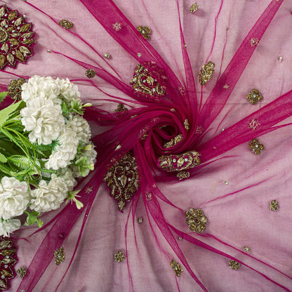 Sanskriti Vintage Pink Net Dupatta/Stole Hand Embroidery Zardozi Dabka Neck Veil