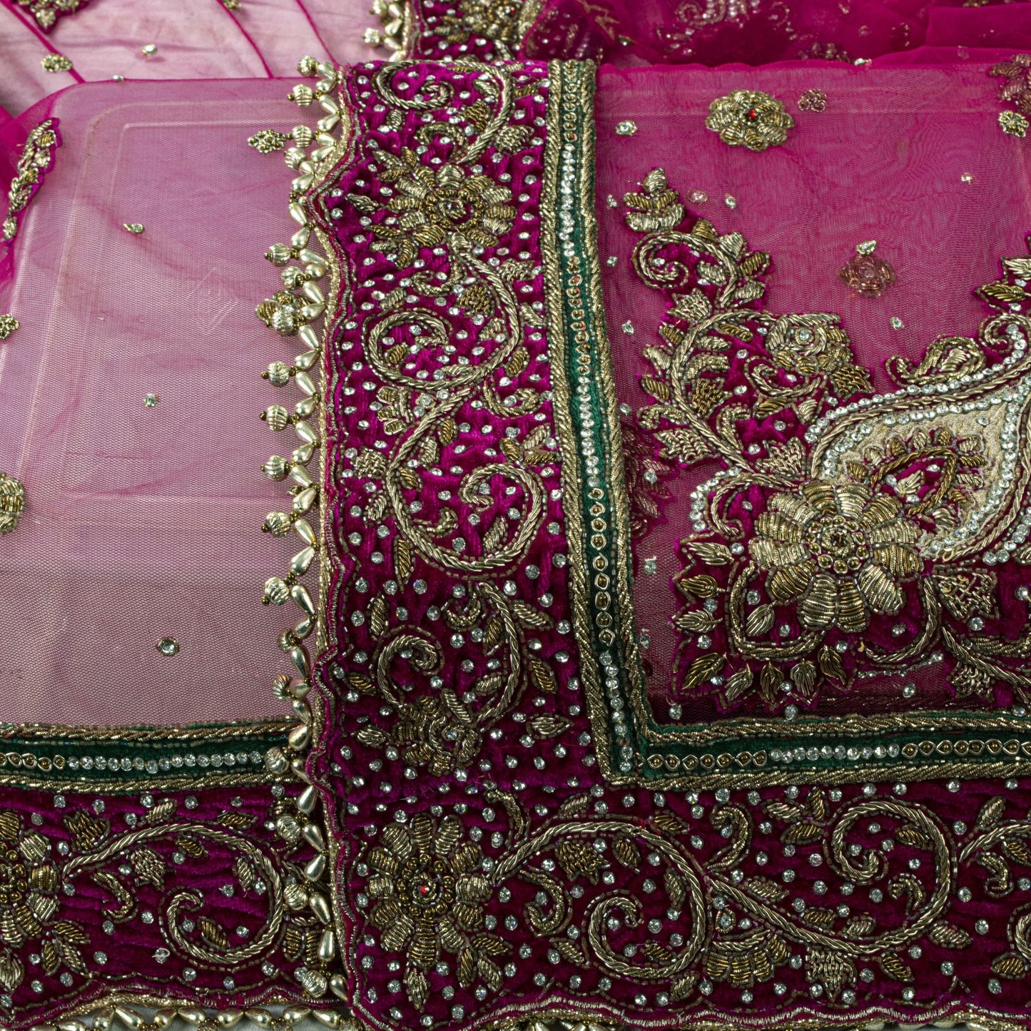 Sanskriti Vintage Pink Net Dupatta/Stole Hand Embroidery Zardozi Dabka Neck Veil