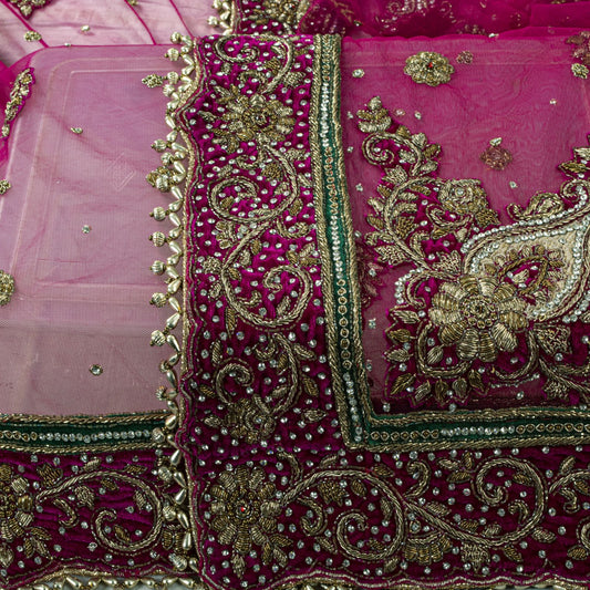 Sanskriti Vintage Pink Net Dupatta/Stole Hand Embroidery Zardozi Dabka Neck Veil