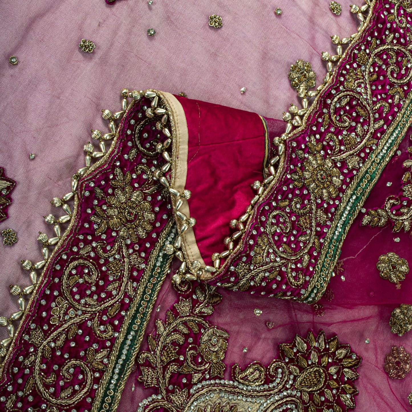 Sanskriti Vintage Pink Net Dupatta/Stole Hand Embroidery Zardozi Dabka Neck Veil