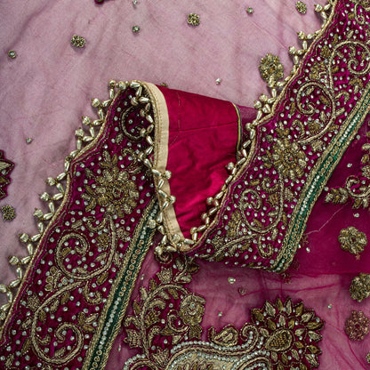 Sanskriti Vintage Pink Net Dupatta/Stole Hand Embroidery Zardozi Dabka Neck Veil