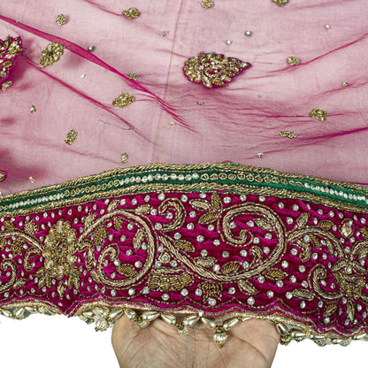 Sanskriti Vintage Pink Net Dupatta/Stole Hand Embroidery Zardozi Dabka Neck Veil