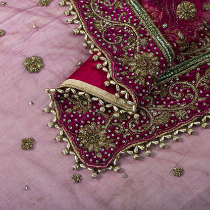 Sanskriti Vintage Pink Net Dupatta/Stole Hand Embroidery Zardozi Dabka Neck Veil