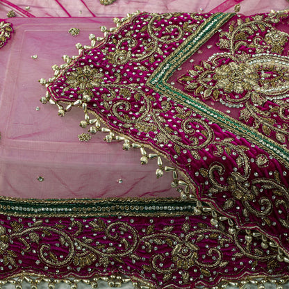 Sanskriti Vintage Pink Net Dupatta/Stole Hand Embroidery Zardozi Dabka Neck Veil