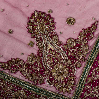 Sanskriti Vintage Pink Net Dupatta/Stole Hand Embroidery Zardozi Dabka Neck Veil