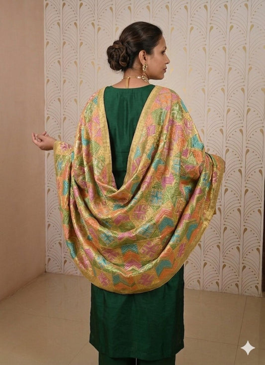 Sanskriti Vintage Multicolor Art Silk Dupatta/Stole Embroidered Bagh Phulkari