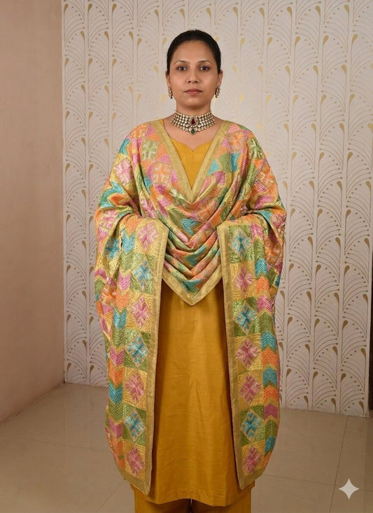 Sanskriti Vintage Multicolor Art Silk Dupatta/Stole Embroidered Bagh Phulkari