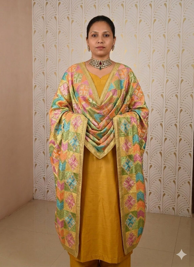 Sanskriti Vintage Multicolor Art Silk Dupatta/Stole Embroidered Bagh Phulkari