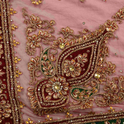 Sanskriti Vintage Red Net Dupatta/Stole Hand Embroidery Zardozi Dabka Neck Veil