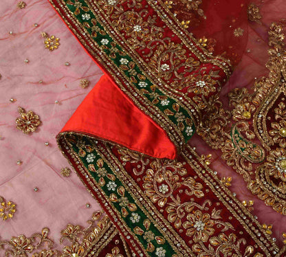 Sanskriti Vintage Red Net Dupatta/Stole Hand Embroidery Zardozi Dabka Neck Veil