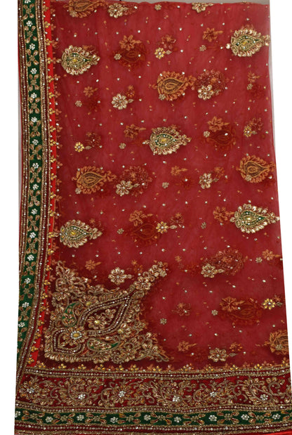 Sanskriti Vintage Red Net Dupatta/Stole Hand Embroidery Zardozi Dabka Neck Veil