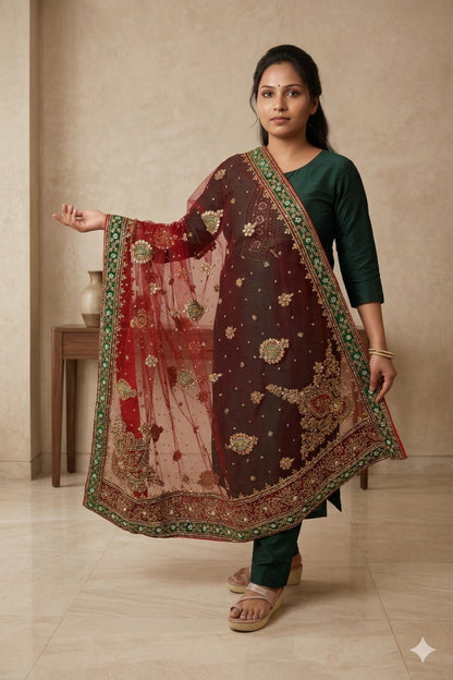 Sanskriti Vintage Red Net Dupatta/Stole Hand Embroidery Zardozi Dabka Neck Veil