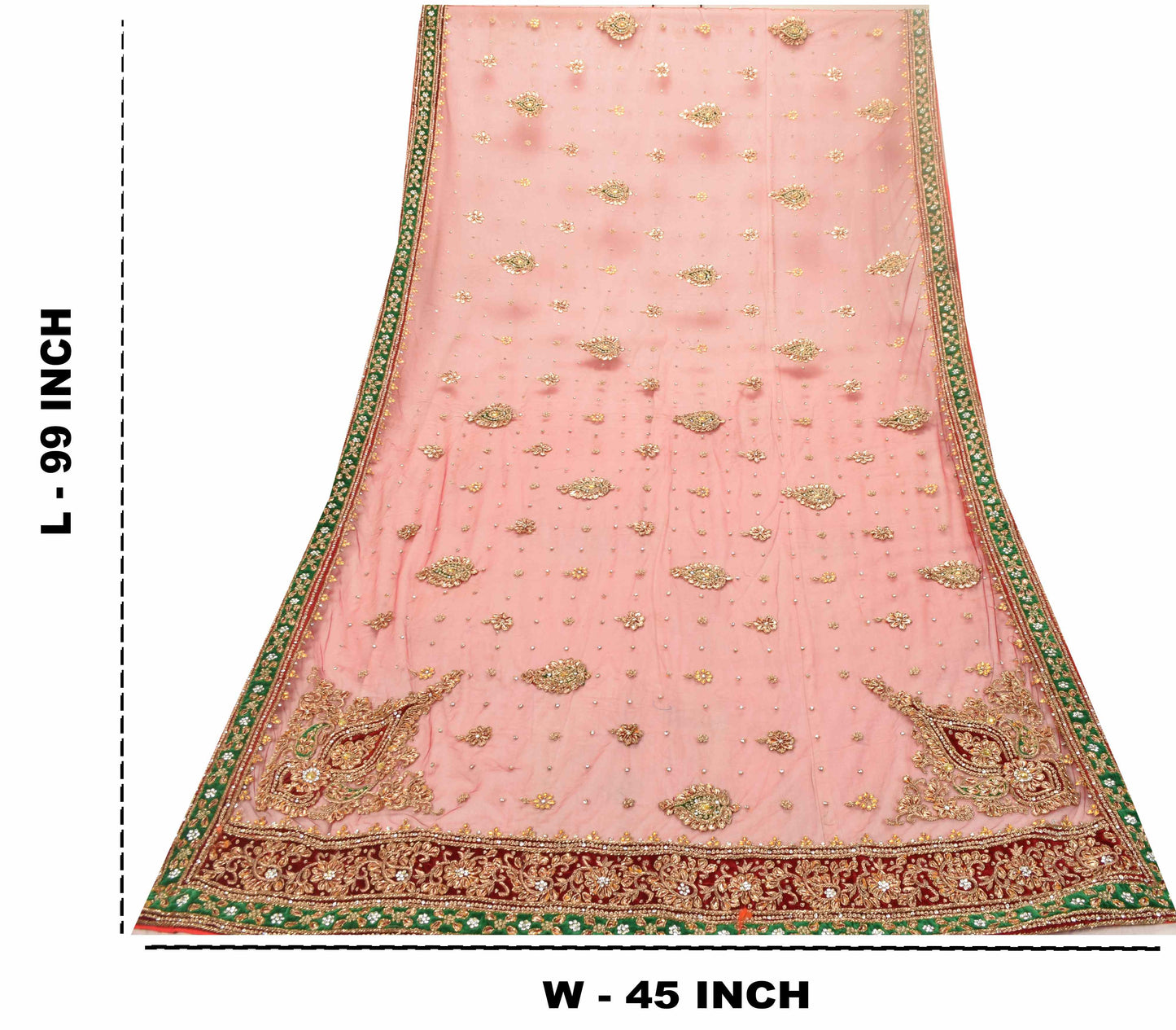Sanskriti Vintage Red Net Dupatta/Stole Hand Embroidery Zardozi Dabka Neck Veil
