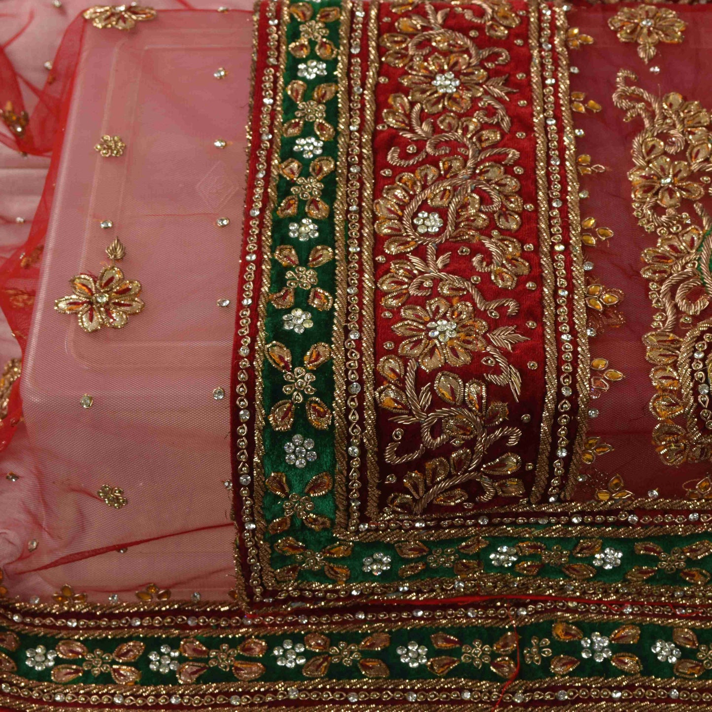 Sanskriti Vintage Red Net Dupatta/Stole Hand Embroidery Zardozi Dabka Neck Veil