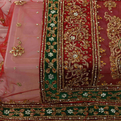 Sanskriti Vintage Red Net Dupatta/Stole Hand Embroidery Zardozi Dabka Neck Veil