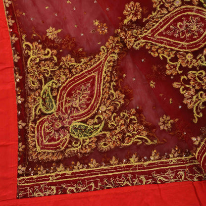 Sanskriti Vintage Red Net Dupatta/Stole Hand Embroidery Zardozi Dabka Neck Veil