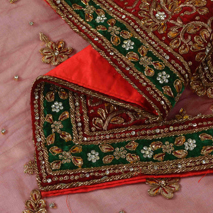 Sanskriti Vintage Red Net Dupatta/Stole Hand Embroidery Zardozi Dabka Neck Veil