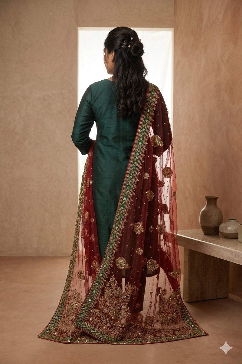 Sanskriti Vintage Red Net Dupatta/Stole Hand Embroidery Zardozi Dabka Neck Veil