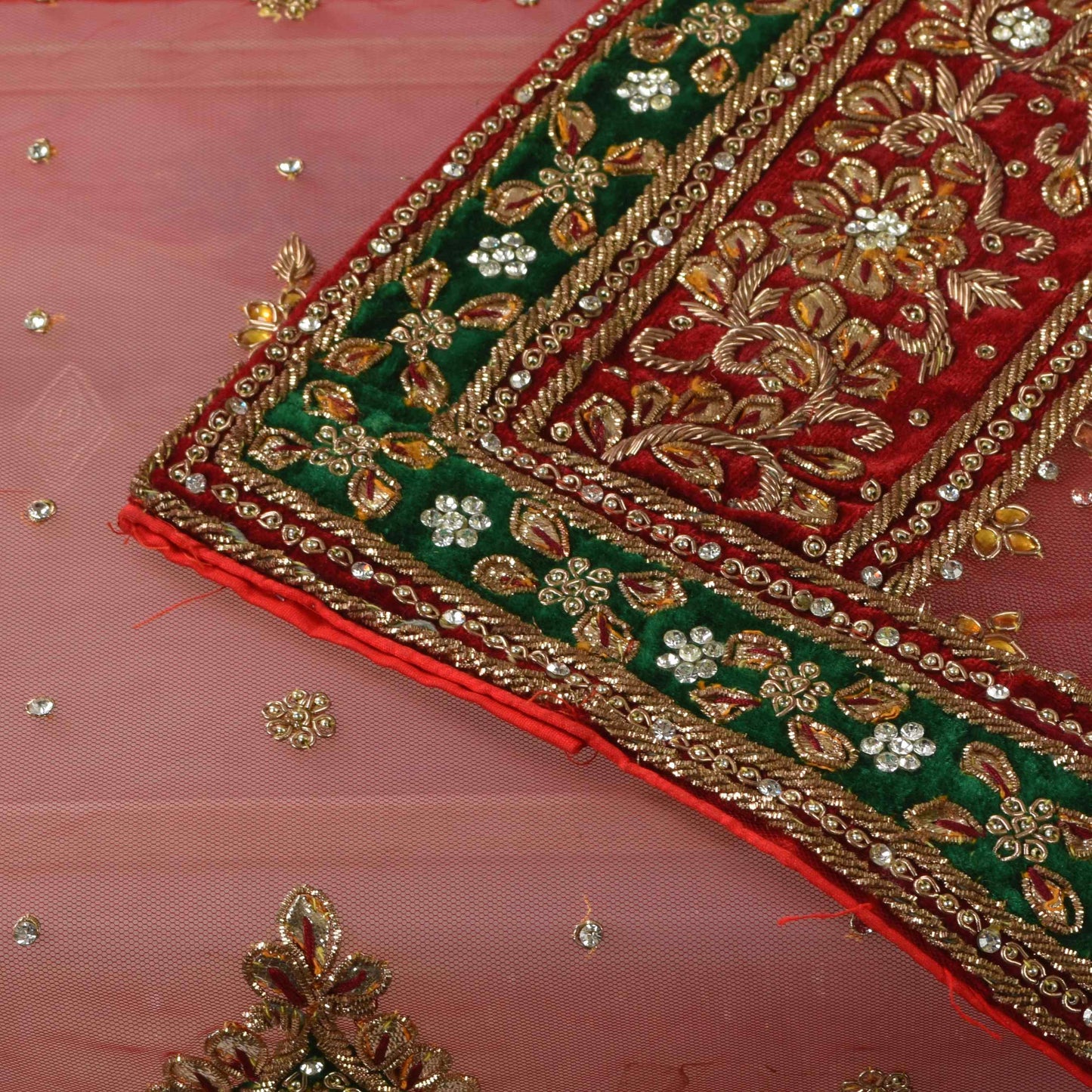 Sanskriti Vintage Red Net Dupatta/Stole Hand Embroidery Zardozi Dabka Neck Veil
